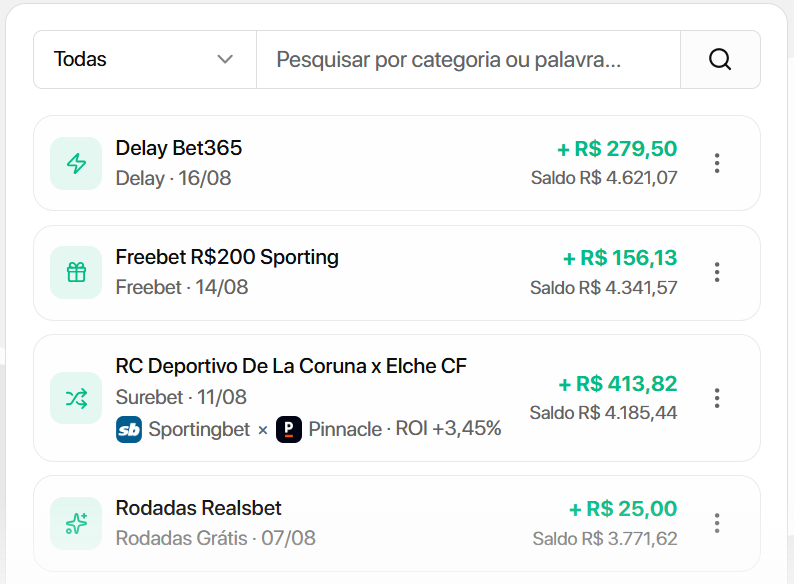 Lista de movimentações do Monttra com categorias, ROI e saldo